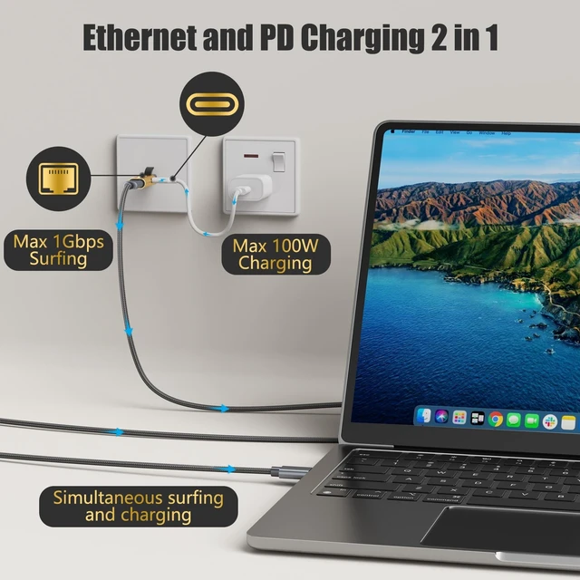 Alt view image 7 of 10 - USB C to Ethernet Adapter with 100W Power Delivery, RJ45 Male to USB C Female Network LAN Adapter, Built-in Smart Chip, 1Gbps, Charging and Surfing 2 in 1, Supports PC, Laptop, Tablet, Smartphone