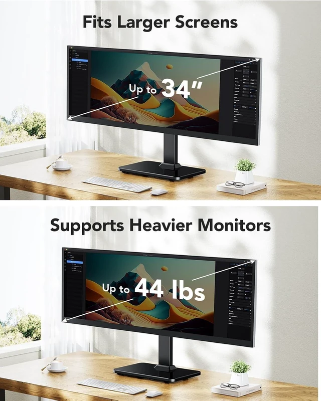 Alt view image 9 of 14 - Monitor Stand, Freestanding VESA Mount for 13 to 34 Inch Screens, Holds up to 44lbs, 5 Height Options, Swivel Desk Stand Riser With 360 Rotation, VESA 75x75mm/100x100mm