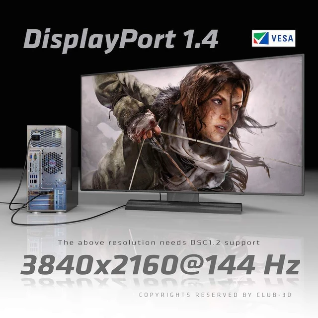 Alt view image 13 of 14 - Club3D CAC-1061 DisplayPort to DisplayPort 1.4/HBR3 Cable DP 1.4 8K 60Hz 5 Meter/16,4 Feet Black VESA Certified