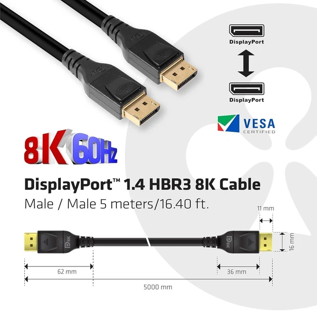 Alt view image 9 of 14 - Club3D CAC-1061 DisplayPort to DisplayPort 1.4/HBR3 Cable DP 1.4 8K 60Hz 5 Meter/16,4 Feet Black VESA Certified