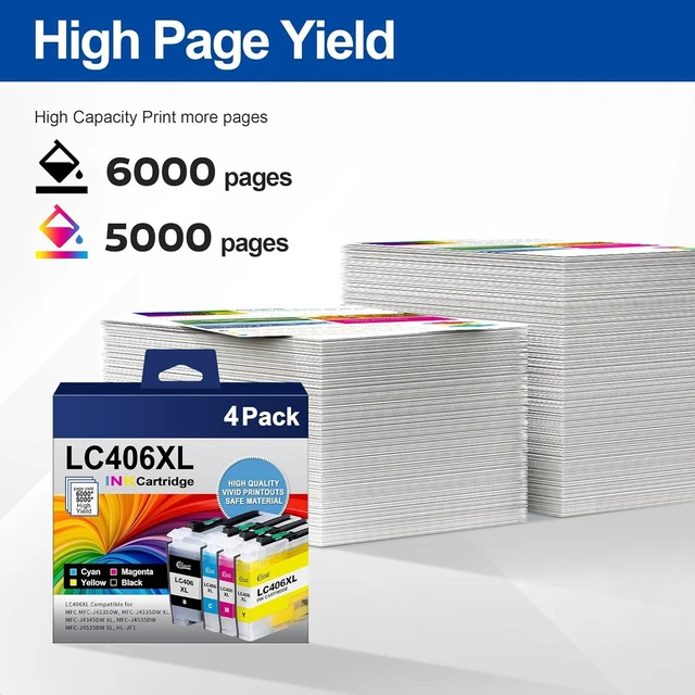 Alt view image 8 of 12 - LC406XL High Yield Ink Cartridge for Printer for Brother LC406 Ink Cartridges LC406XL LC 406 XL use with Brother MFC-J4535DW MFC-J4335DW MFC-J5855DW MFC-J6555DW Printer (4 Pack)