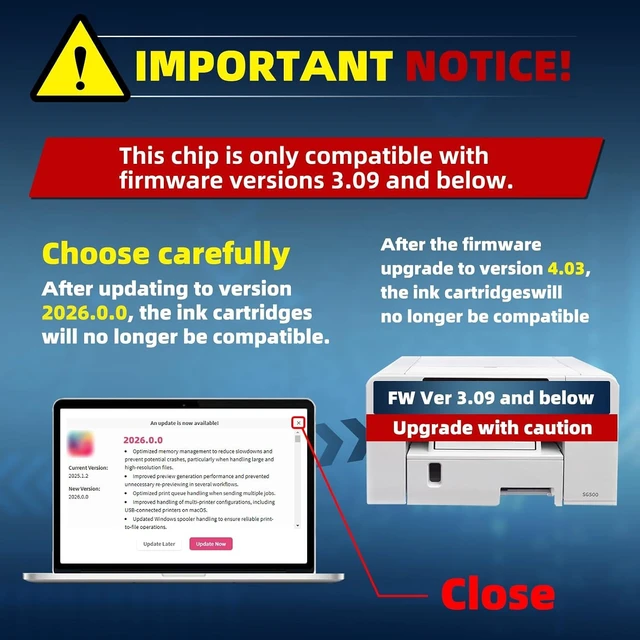 Alt view image 9 of 14 - 3.9.0 SG500 SG1000 Sublimation Ink Cartridges Replacement for Sawgrass SG500 and SG1000 Printers, Compatible with Firmware Version 3.09 or Earlier (BK, C, M, Y, 4PK)