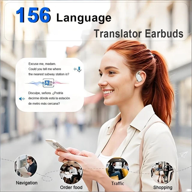 Alt view image 8 of 10 - AI Translation Earbuds Real Time,156 Language Translator Earbuds,Bluetooth 6.0 Open Ear Translation Headphones,Dolby Audio,60H Playtime,IPX5 Waterproof,Perfect for Travel, Business, and Study.(Skin)
