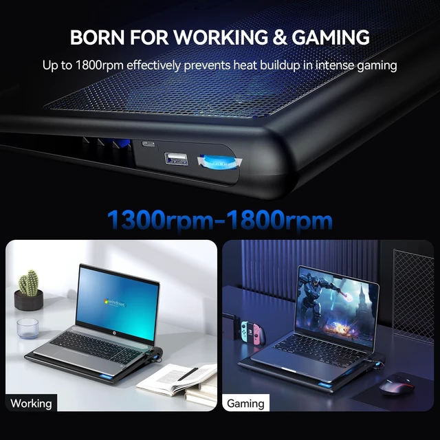 Alt view image 10 of 14 - Laptop Cooling Pad - 12"-15.6" Laptop Cooler with Quiet Cooling Fan