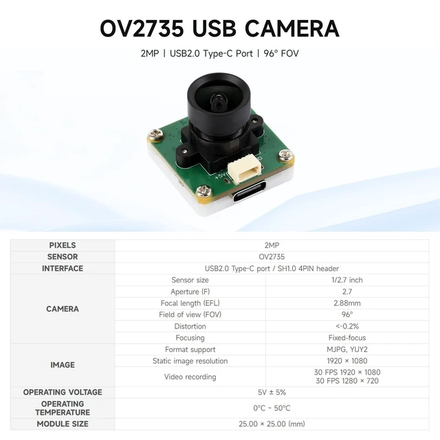 Alt view image 8 of 10 - Waveshare OV2735 2MP USB Camera (A), Supports USB2.0 Type-C Port and SH1.0 4PIN Header