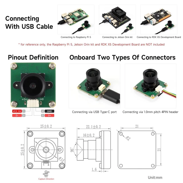 Alt view image 10 of 10 - Waveshare OV2735 2MP USB Camera (A), Supports USB2.0 Type-C Port and SH1.0 4PIN Header