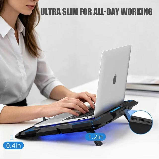 Alt view image 10 of 12 - Laptop Cooling Pad, Laptop Cooler with 6 Quiet Led Fans for 15.6-17 Inch Laptop Cooling Fan Stand, Portable Ultra Slim USB Powered Gaming Laptop Cooling Pad, Switch Control Fan Speed Function