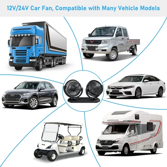Alt view image 8 of 12 - Car Fan 12V / 24V Portable Auto Cooling Fan Dual Head Rotatable Vehicle Fans 3 Speeds Strong Wind Electric Air Circulation Fans for Car Dashboard Truck SUV Sedan RV Van Boat Golf Cart