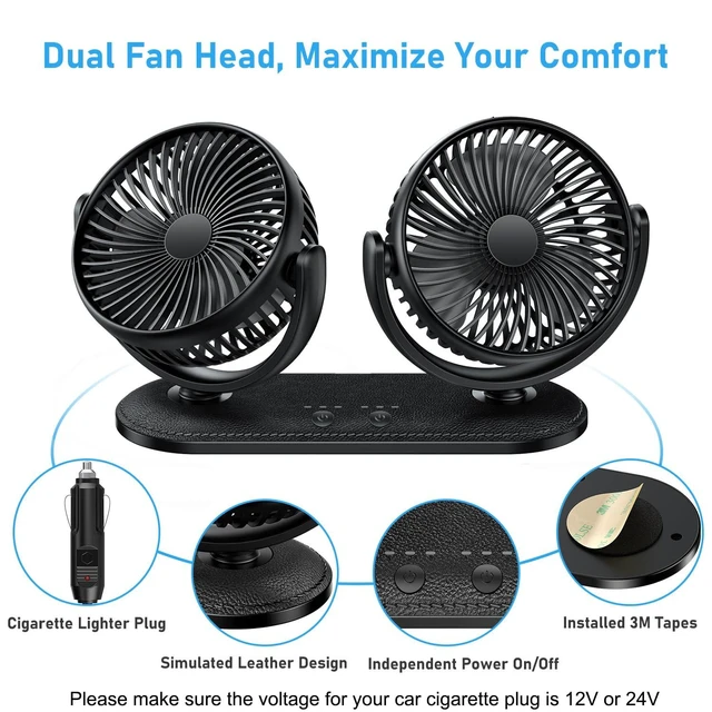 Alt view image 10 of 12 - Car Fan 12V / 24V Portable Auto Cooling Fan Dual Head Rotatable Vehicle Fans 3 Speeds Strong Wind Electric Air Circulation Fans for Car Dashboard Truck SUV Sedan RV Van Boat Golf Cart