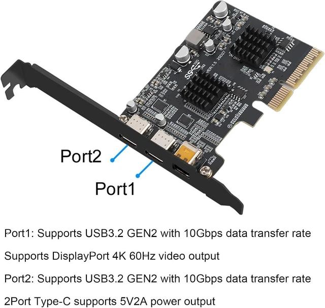 Alt view image 13 of 14 - Type C PCIE Card, 10Gbps USB 3.0 Expansion Card with 2 Ports, DisplayPort Video 4K 60Hz, Internal USB Header, for Desktop PC