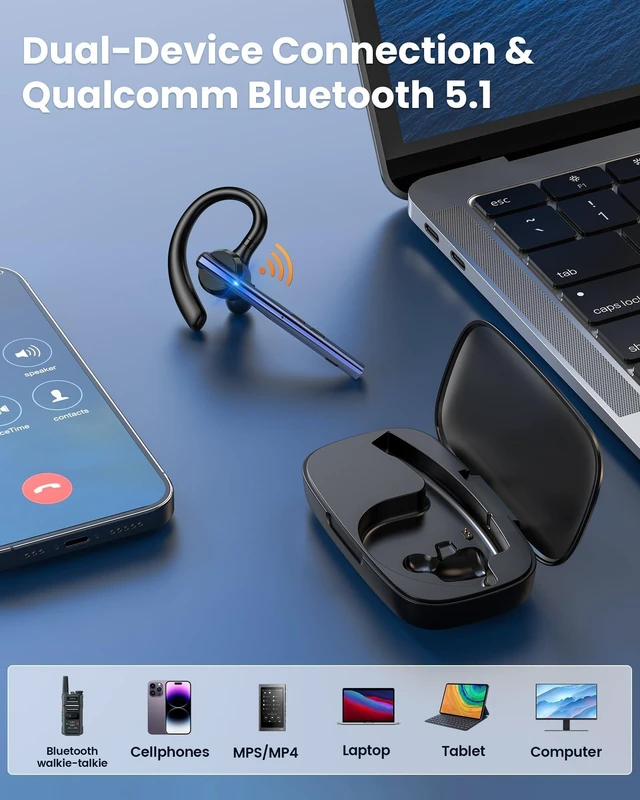 Alt view image 13 of 14 - Bluetooth Headset V5.1 72H Talk Time Dual Mic with Mute Button for Business, Wireless Hand-Free Bluetooth Earpiece with 500mAh Charging Case for Cell Phone Calls Trucker Driver Laptop