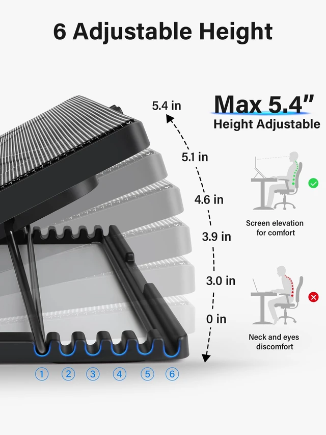 Alt view image 10 of 14 - Laptop Cooling Pad, Laptop Cooler with 5 Quiet Fans for 12"-17" Computer PC Notebook Gaming Laptop Fan, Height Adjustable Laptop Cooling Stand Laptop Accessories, Blue