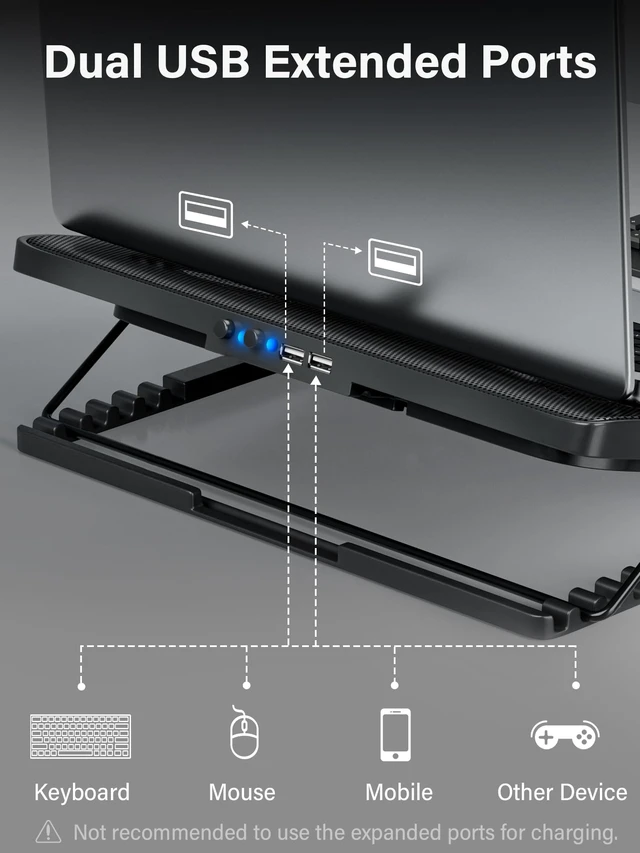 Alt view image 13 of 14 - Laptop Cooling Pad, Laptop Cooler with 5 Quiet Fans for 12"-17" Computer PC Notebook Gaming Laptop Fan, Height Adjustable Laptop Cooling Stand Laptop Accessories, Blue