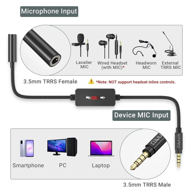 Alt view image 9 of 10 - Cubilux 3.5mm TRRS Microphone Mute Switch Adapter, CTIA Inline Slide Mic Mute Control, 1/8" TRRS to TRRS (Male to Female) for Smartphone/Laptop/PC