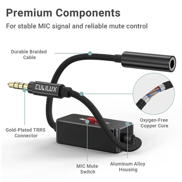 Alt view image 10 of 10 - Cubilux 3.5mm TRRS Microphone Mute Switch Adapter, CTIA Inline Slide Mic Mute Control, 1/8" TRRS to TRRS (Male to Female) for Smartphone/Laptop/PC