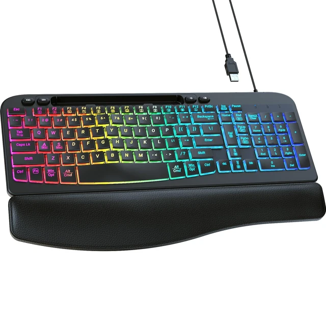 Alt view image 8 of 14 - Wired Ergonomic Keyboard, 7-Color Backlit USB Computer Keyboard with Wrist Rest, Wave Keys, Phone Holder, Lighted Keyboard Compatible with PC, Laptop, Windows, and Mac