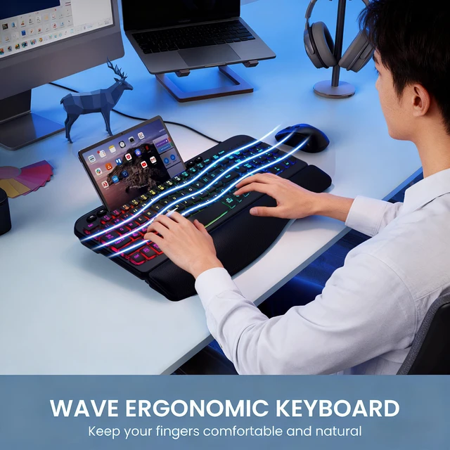 Alt view image 12 of 14 - Wired Ergonomic Keyboard, 7-Color Backlit USB Computer Keyboard with Wrist Rest, Wave Keys, Phone Holder, Lighted Keyboard Compatible with PC, Laptop, Windows, and Mac