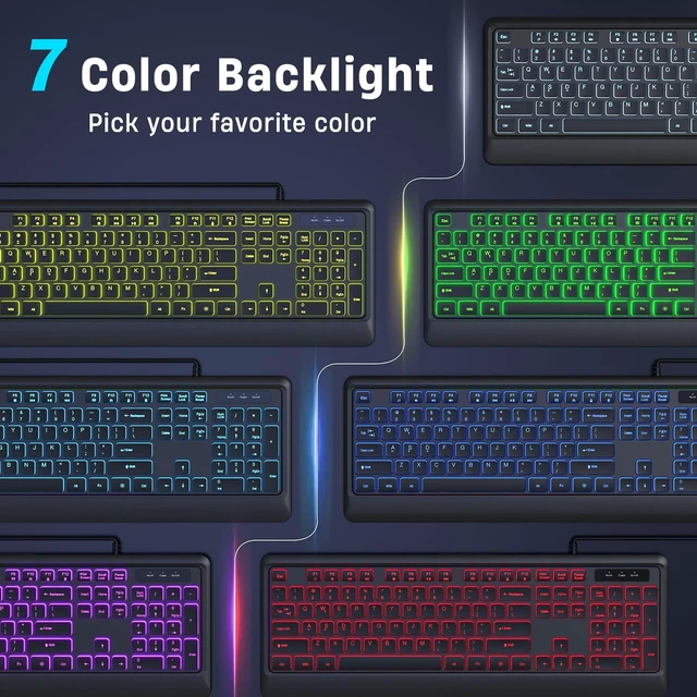 Alt view image 9 of 14 - Backlit Wired Keyboard, USB Lighted Computer Keyboards with 7 Colors Backlight, Full Size Silent Keyboard with Media Hotkey for Windows Desktop, PC, Laptop (Black, M)