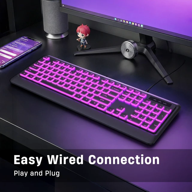 Alt view image 10 of 14 - Backlit Wired Keyboard, USB Lighted Computer Keyboards with 7 Colors Backlight, Full Size Silent Keyboard with Media Hotkey for Windows Desktop, PC, Laptop (Black, M)