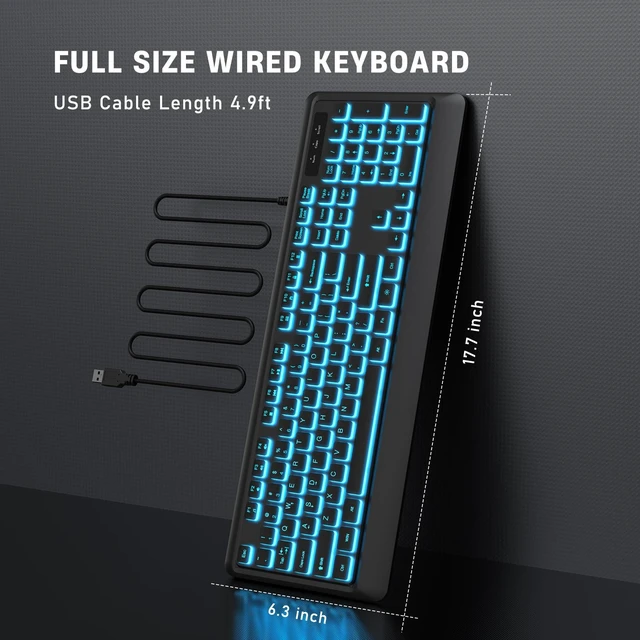 Alt view image 11 of 14 - Backlit Wired Keyboard, USB Lighted Computer Keyboards with 7 Colors Backlight, Full Size Silent Keyboard with Media Hotkey for Windows Desktop, PC, Laptop (Black, M)