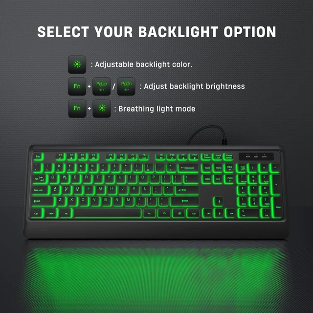 Alt view image 12 of 14 - Backlit Wired Keyboard, USB Lighted Computer Keyboards with 7 Colors Backlight, Full Size Silent Keyboard with Media Hotkey for Windows Desktop, PC, Laptop (Black, M)