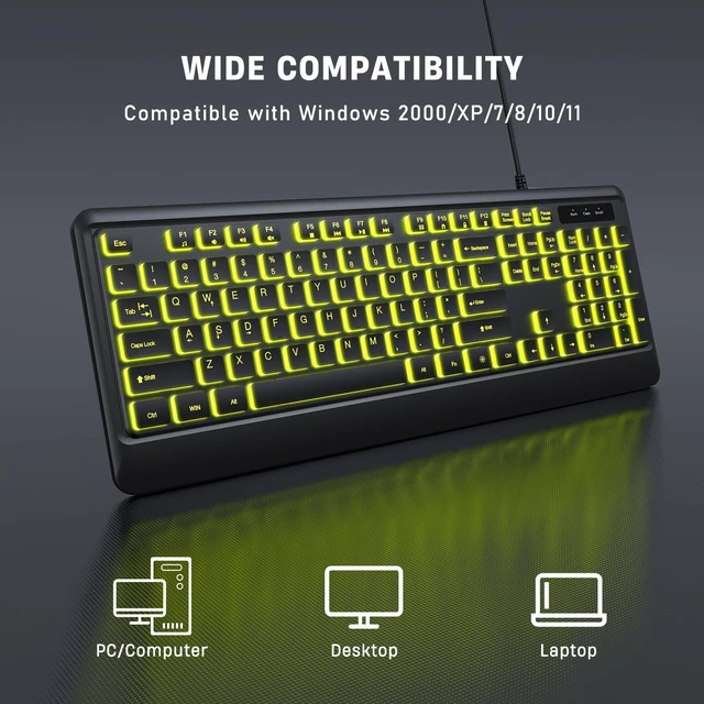 Alt view image 13 of 14 - Backlit Wired Keyboard, USB Lighted Computer Keyboards with 7 Colors Backlight, Full Size Silent Keyboard with Media Hotkey for Windows Desktop, PC, Laptop (Black, M)