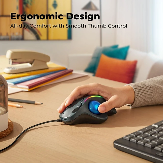 Alt view image 9 of 14 - Wired Trackball Mouse with RGB Lighting, Ergonomic Thumb Control to Reduce Muscle Strain, 5 Adjustable DPI, Dual USB-C & USB-A Connectivity, Compatible with PC, Laptop, Mac, Windows-Blue