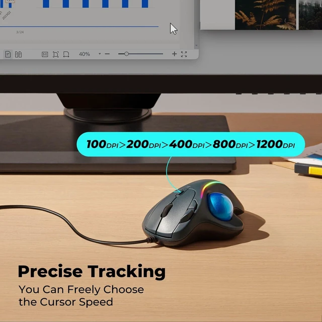 Alt view image 11 of 14 - Wired Trackball Mouse with RGB Lighting, Ergonomic Thumb Control to Reduce Muscle Strain, 5 Adjustable DPI, Dual USB-C & USB-A Connectivity, Compatible with PC, Laptop, Mac, Windows-Blue