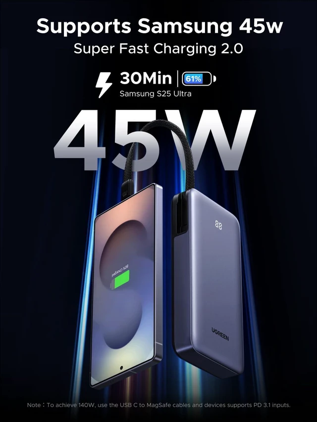 Alt view image 9 of 14 - Nexode Power Bank 20000mAh 45W with Built-in Cable, Fast Charging Portable Charger for iPhone 17 Pro/Samsung S26 Ultra/iPad Pro, 3-Port External Battery Pack with Digital Display, Travel Ready