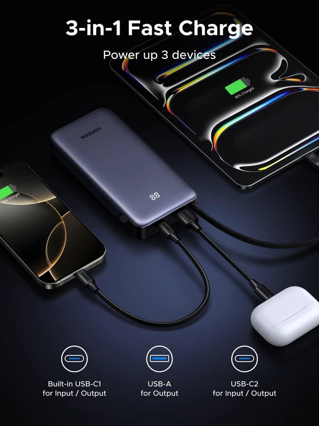 Alt view image 12 of 14 - Nexode Power Bank 20000mAh 45W with Built-in Cable, Fast Charging Portable Charger for iPhone 17 Pro/Samsung S26 Ultra/iPad Pro, 3-Port External Battery Pack with Digital Display, Travel Ready