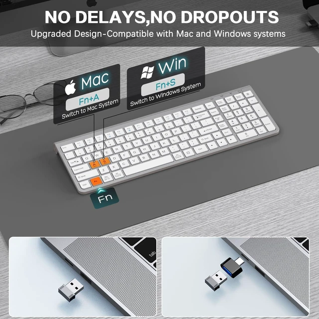 Alt view image 7 of 10 - JOYACCESS Wireless Keyboard, Ergonomic,Dustproof,2.4G Slim and Compact Quiet Wireless Keyboard with Number Keypad for Windows, MacBook Pro/Air, Laptop, Desktop, PC-Sliver&White