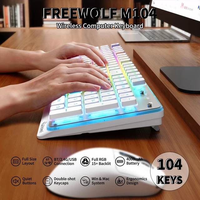 Alt view image 7 of 10 - ZIYOU LANG M104 RGB Wireless Keyboard, Low-Profile Silent Membrane Keys, 2.4G Bluetooth USB Wired, Spill-Resistant, Rechargeable Full-Size 104-Key Keyboard for PC Mac, White