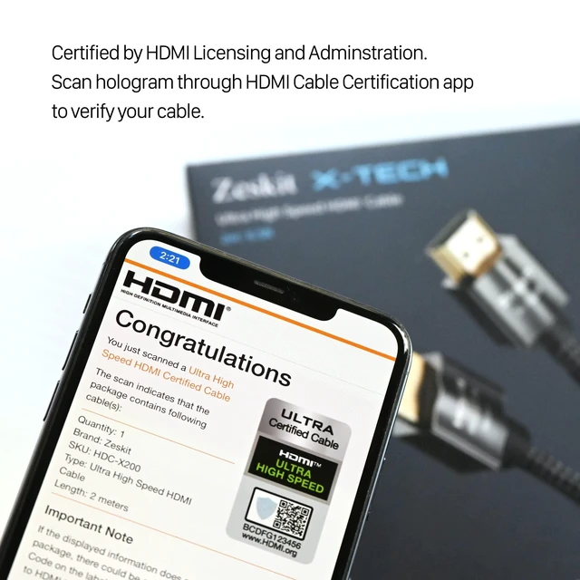 Alt view image 7 of 10 - Zeskit X-Tech 48Gbps Ultra High Speed HDMI Cable 10ft, 8K60 4K120 144Hz eARC HDR HDCP 2.2 2.3 Compatible with Dolby Vision Apple TV 4K Roku Sony LG Samsung Xbox Series X RTX 3080 PS4 PS5