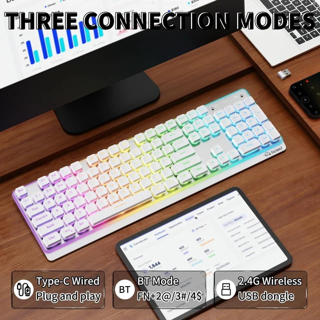 Alt view image 8 of 10 - ZIYOU LANG M104 RGB Wireless Keyboard, Low-Profile Silent Membrane Keys, 2.4G Bluetooth USB Wired, Spill-Resistant, Rechargeable Full-Size 104-Key Keyboard for PC Mac, White