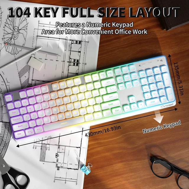 Alt view image 9 of 10 - ZIYOU LANG M104 RGB Wireless Keyboard, Low-Profile Silent Membrane Keys, 2.4G Bluetooth USB Wired, Spill-Resistant, Rechargeable Full-Size 104-Key Keyboard for PC Mac, White
