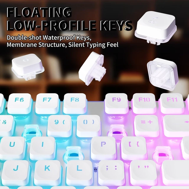 Alt view image 10 of 10 - ZIYOU LANG M104 RGB Wireless Keyboard, Low-Profile Silent Membrane Keys, 2.4G Bluetooth USB Wired, Spill-Resistant, Rechargeable Full-Size 104-Key Keyboard for PC Mac, White