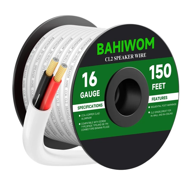 Alt view image 6 of 10 - BAHIWOM 16 Gauge 150FT Speaker Wire CCA 2 Conductors Cord CL2 Rated Speaker Cable for Indoor,in-Wall,in-Ceiling,Home Theater & Commercial Audio with White PVC Jacket