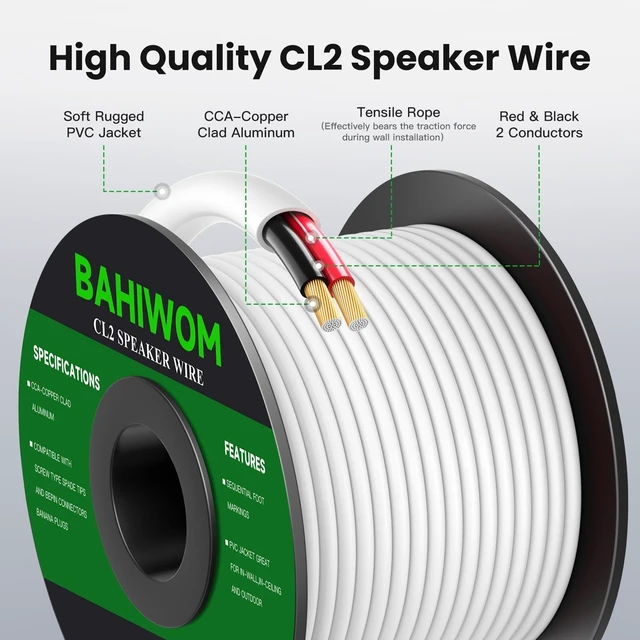 Alt view image 7 of 10 - BAHIWOM 16 Gauge 150FT Speaker Wire CCA 2 Conductors Cord CL2 Rated Speaker Cable for Indoor,in-Wall,in-Ceiling,Home Theater & Commercial Audio with White PVC Jacket