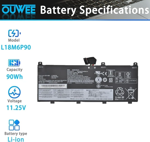 Alt view image 7 of 10 - L18C6P90 L18M6P90 Laptop Battery Compatible with Lenovo ThinkPad P53 Series Notebook 02DL028 5B10W13901 SB10K97664 02DL029 5B10W13902 SB10K97665 11.25V 90Wh 8000mAh