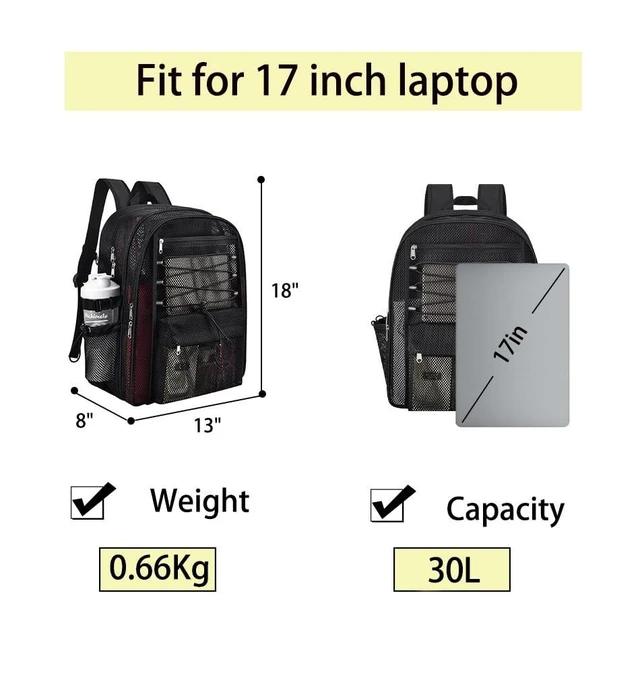 Alt view image 7 of 10 - Mesh Backpack Heavy Duty for School, 30L Large Mesh Bookbag for Adults, See Through Black School Bag with Laptop Pocket for Work Swimming Beach Fitness Sport