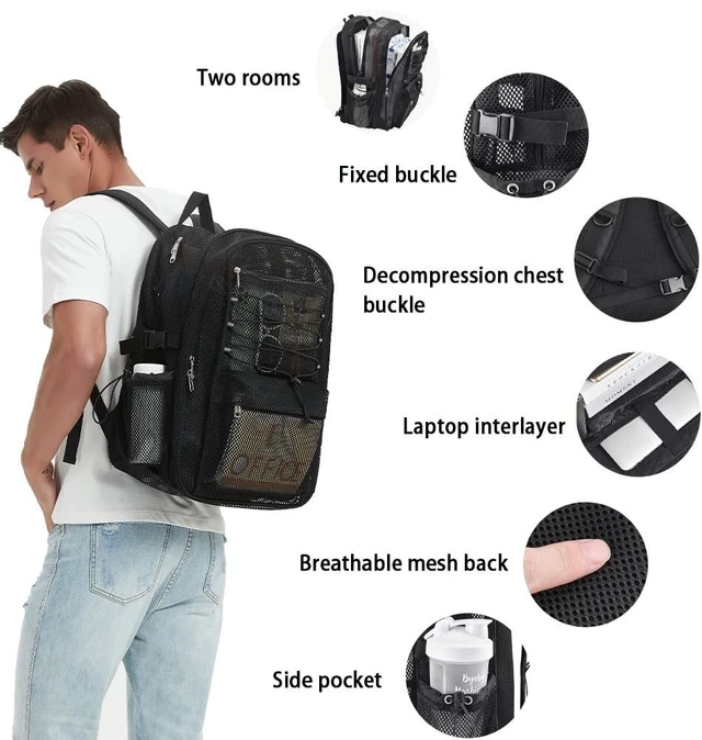 Alt view image 9 of 10 - Mesh Backpack Heavy Duty for School, 30L Large Mesh Bookbag for Adults, See Through Black School Bag with Laptop Pocket for Work Swimming Beach Fitness Sport
