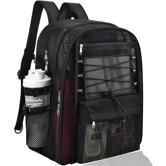 Alt view image 6 of 10 - Mesh Backpack Heavy Duty for School, 30L Large Mesh Bookbag for Adults, See Through Black School Bag with Laptop Pocket for Work Swimming Beach Fitness Sport