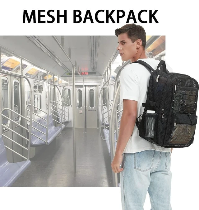 Alt view image 10 of 10 - Mesh Backpack Heavy Duty for School, 30L Large Mesh Bookbag for Adults, See Through Black School Bag with Laptop Pocket for Work Swimming Beach Fitness Sport