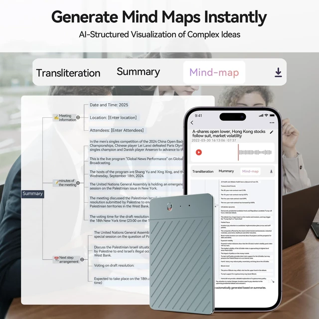 Alt view image 10 of 10 - AI Voice Recorder, Free Real-Time Transcription & Translation ^^ Chat gpt Powered Summarizer, 256 Languages, 64GB Memory, App Controlled, for Lectures, Interviews, Meetings, & Calls(Blue)