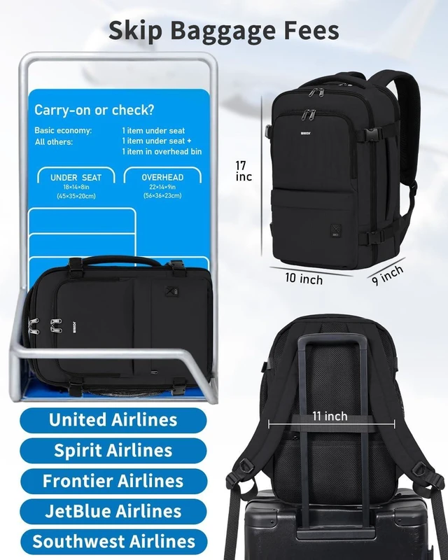 Alt view image 8 of 10 - WANDF Personal Item Travel Bag, Small Travel Backpack 17x10x9 for United Airlines, 15.6" Laptop Backpack for Men Women (Black)