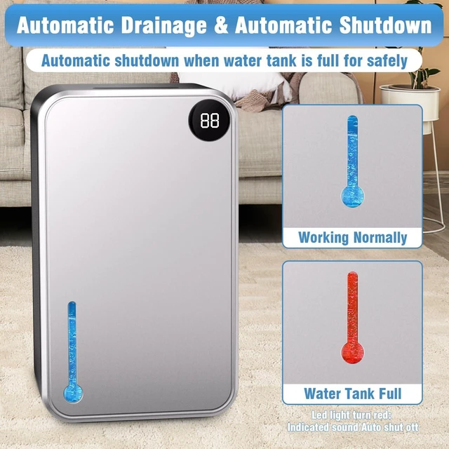 Alt view image 13 of 14 - Dehumidifier, 95OZ Dehumidifiers for Home 1000 Sq.Ft, Quiet with Auto Shut Off, Humidity Display Dehumidifier for Bedroom/Bathroom, Timer, Drain Hose, 7-color LED light, Moisture Absorbers (Grey)