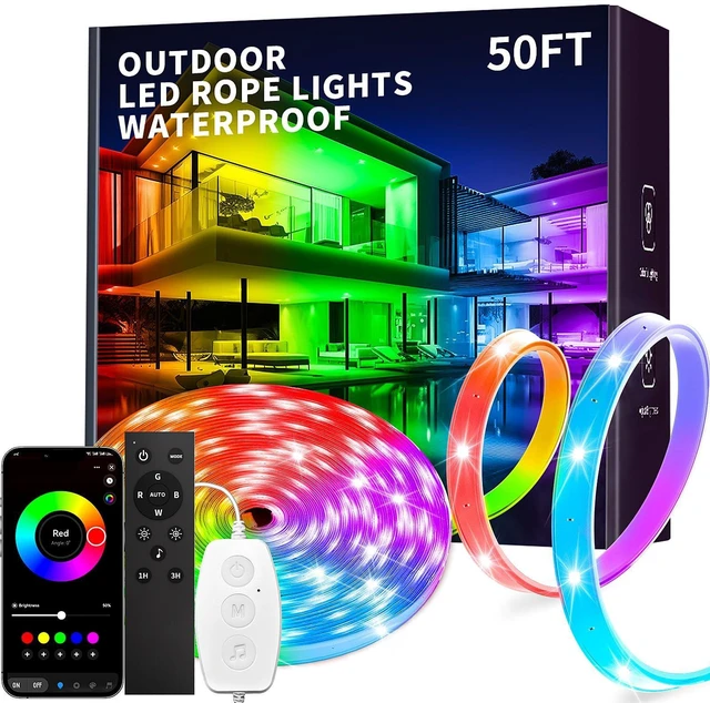 Alt view image 8 of 14 - 50ft Outdoor led Strip Lights Waterproof IP68, RGB Outdoor led Lights with Button & Bluetooth App Control, Music Sync, Timer, Exterior Led Rope Lights for Decor Balcony, Roof, Garden, Pool