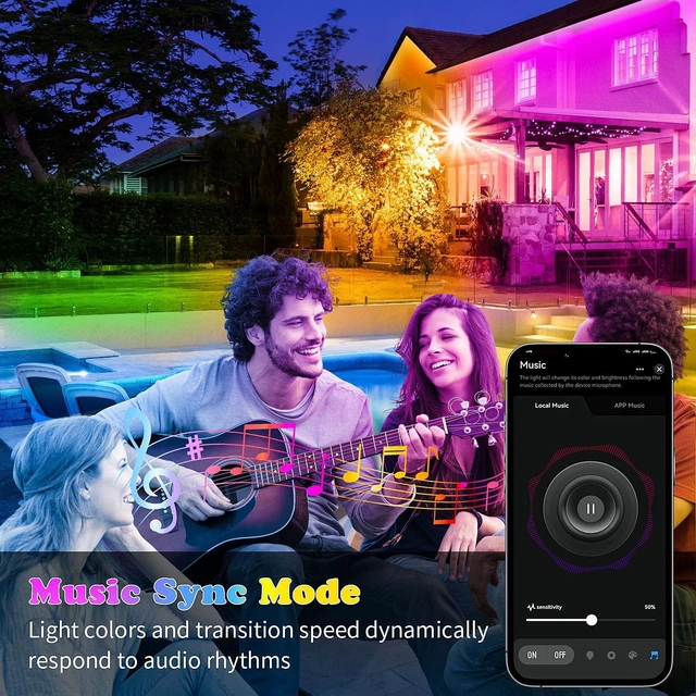 Alt view image 10 of 14 - 50ft Outdoor led Strip Lights Waterproof IP68, RGB Outdoor led Lights with Button & Bluetooth App Control, Music Sync, Timer, Exterior Led Rope Lights for Decor Balcony, Roof, Garden, Pool