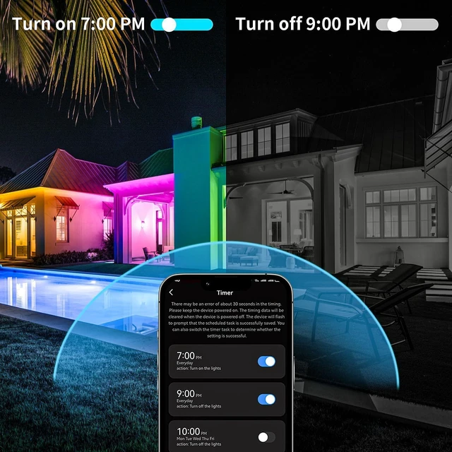 Alt view image 11 of 14 - 50ft Outdoor led Strip Lights Waterproof IP68, RGB Outdoor led Lights with Button & Bluetooth App Control, Music Sync, Timer, Exterior Led Rope Lights for Decor Balcony, Roof, Garden, Pool