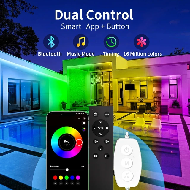 Alt view image 9 of 14 - 50ft Outdoor led Strip Lights Waterproof IP68, RGB Outdoor led Lights with Button & Bluetooth App Control, Music Sync, Timer, Exterior Led Rope Lights for Decor Balcony, Roof, Garden, Pool